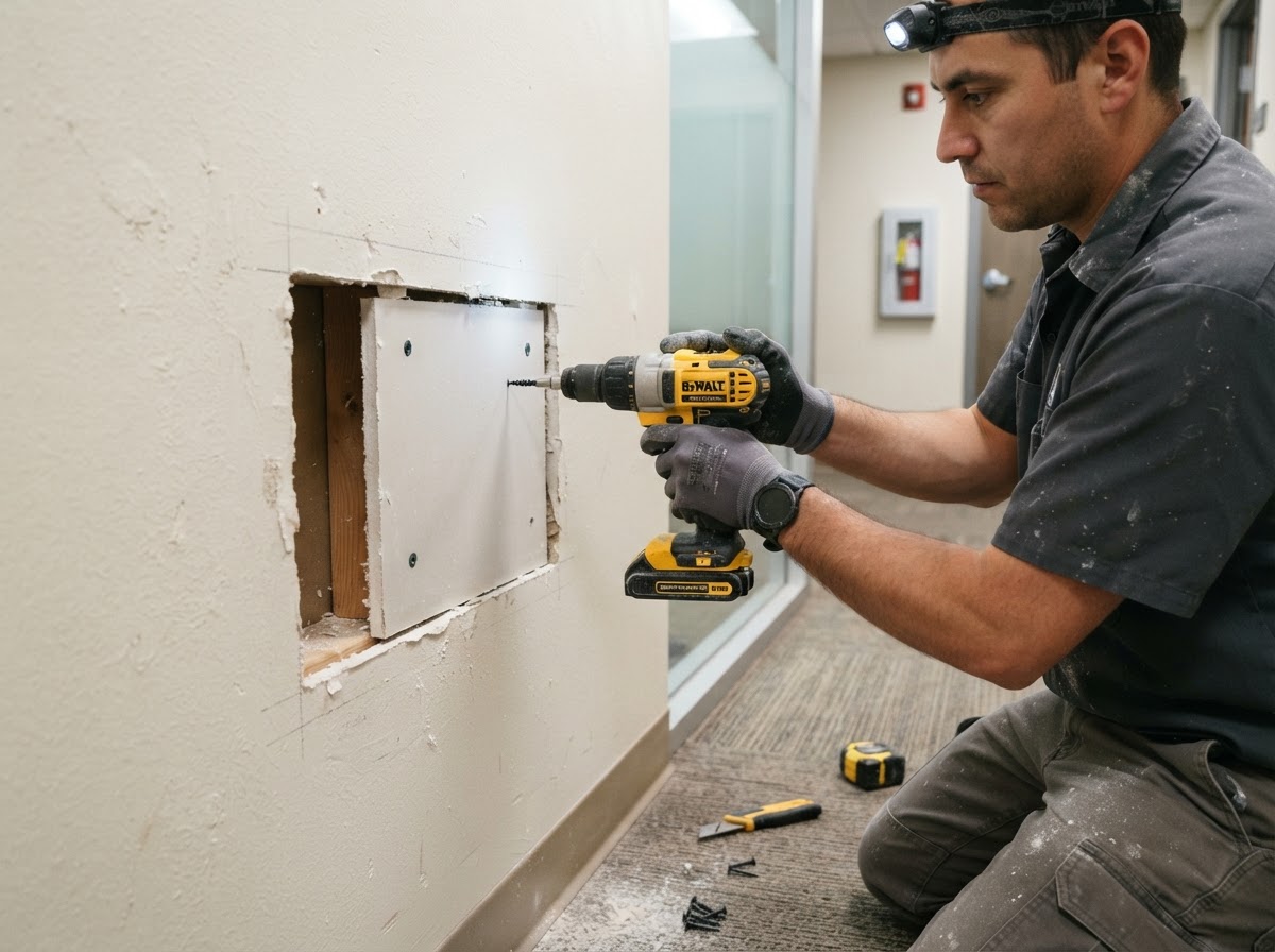 Fitted drywall patch with backing and joint compound in a Westlake Ohio interior