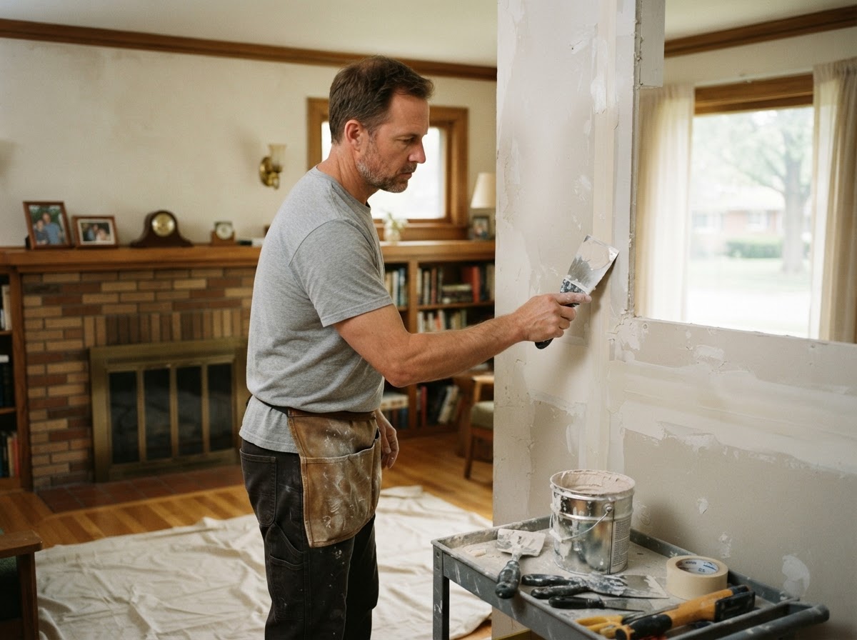 Drywall wall repair with joint compound in a mid-century Westlake Ohio suburban interior