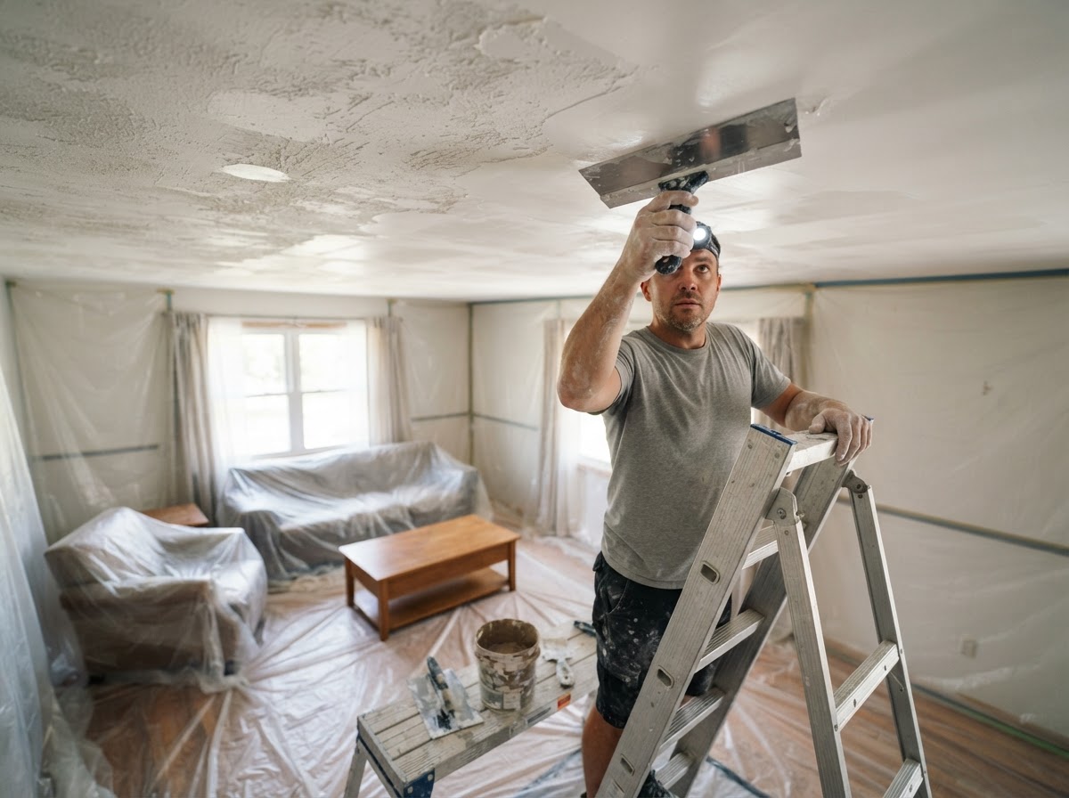 Skim coat being applied to a ceiling after texture removal