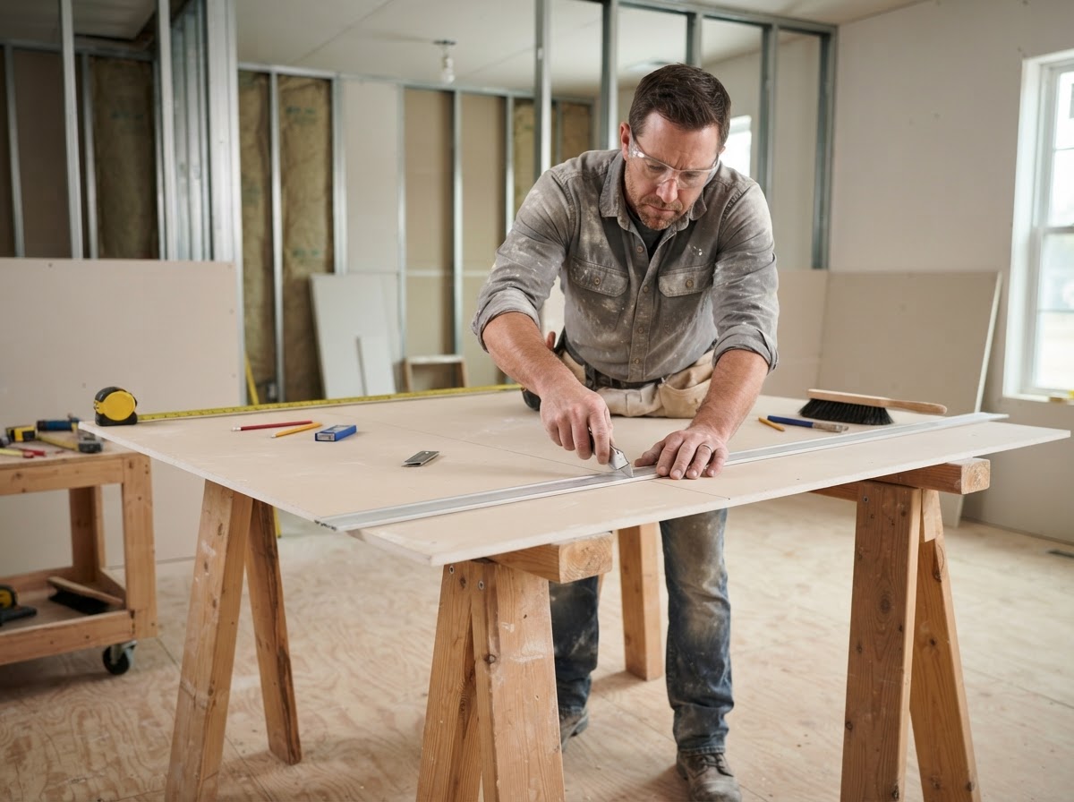 Measuring and cutting a gypsum drywall panel with a T-square