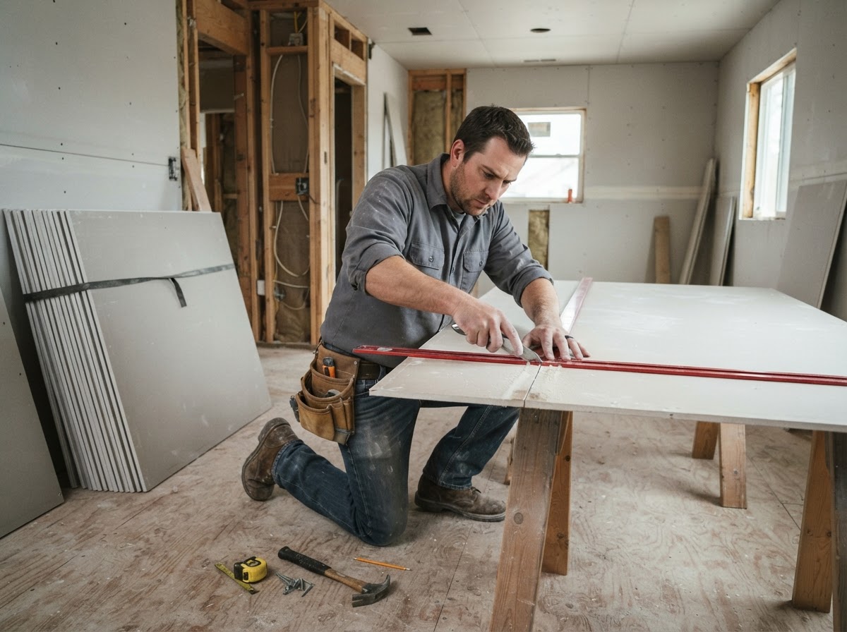 Drywall panels being installed on stud framing in a residential remodel