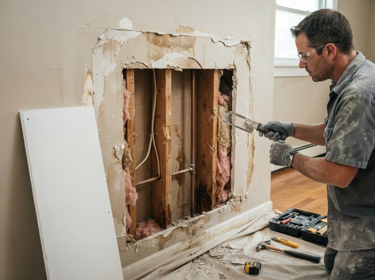 Water-damaged drywall replacement after moisture source correction in Lorain