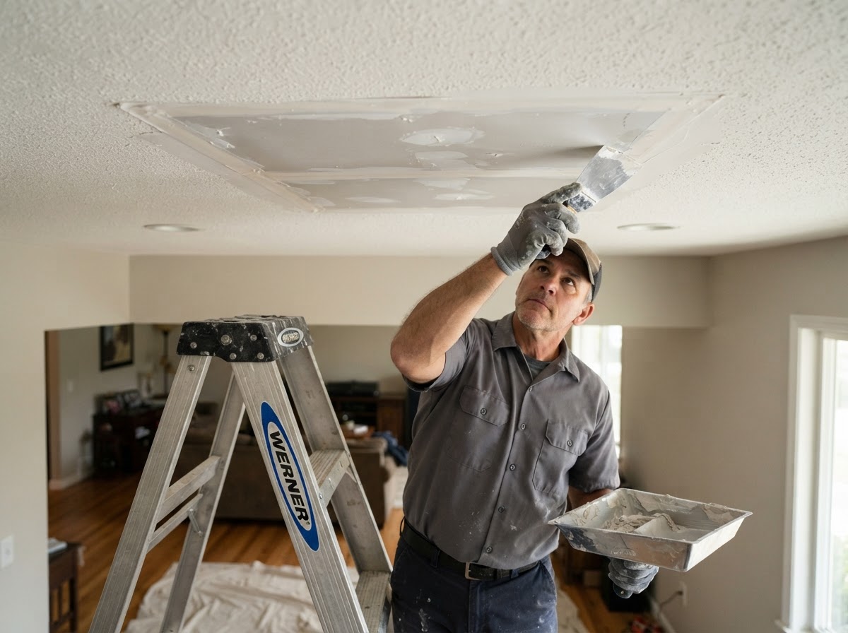 Ceiling drywall repair with compound applied to an overhead patch