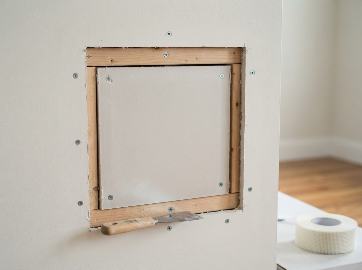 Fitted drywall patch with backing support inside a wall opening