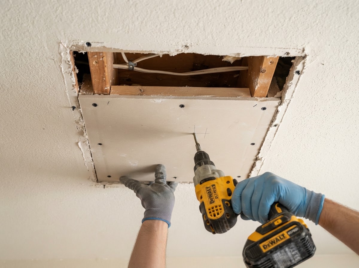 Ceiling hole repair with supported overhead patch