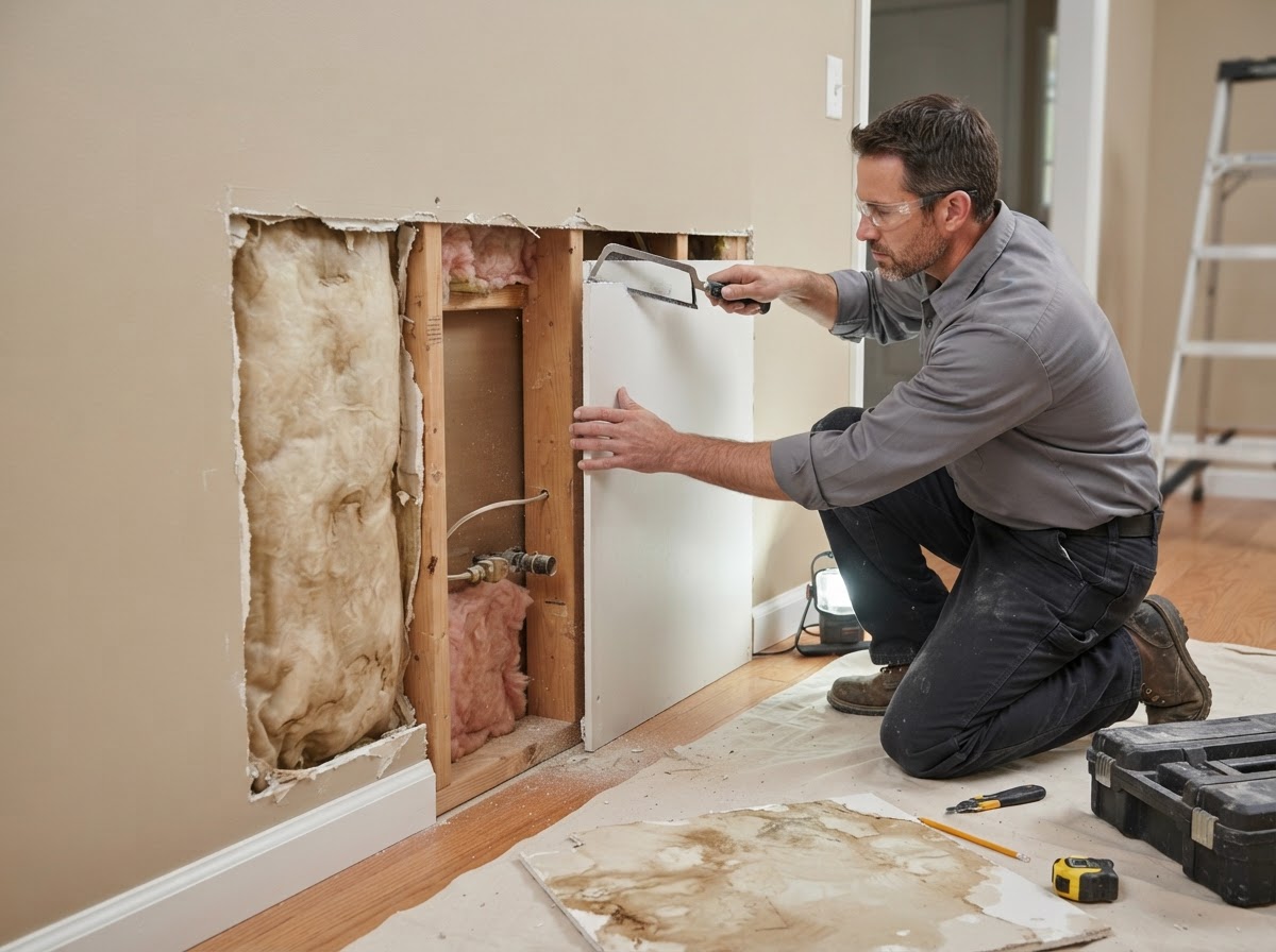 Water-damaged drywall section being replaced after moisture source correction
