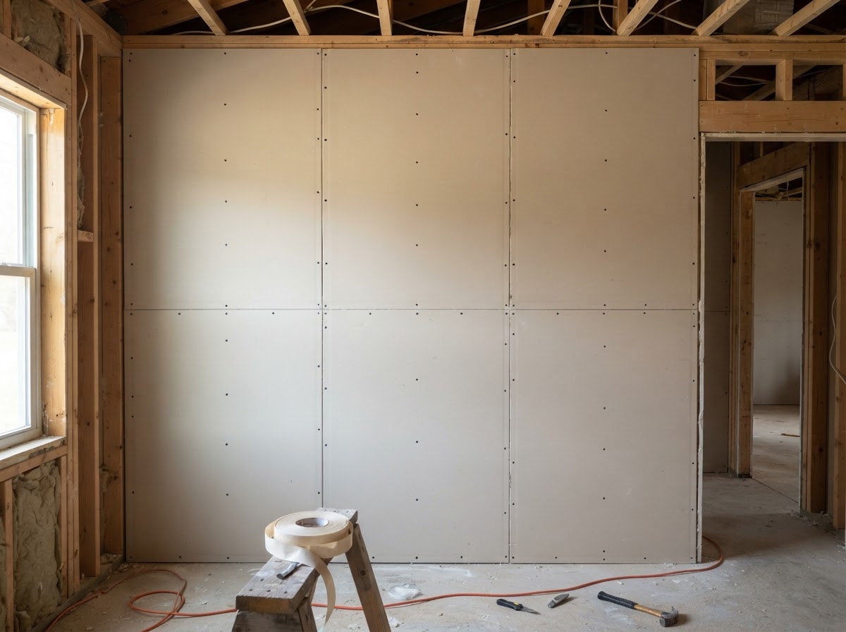 Fastened drywall panels on a wall before finishing