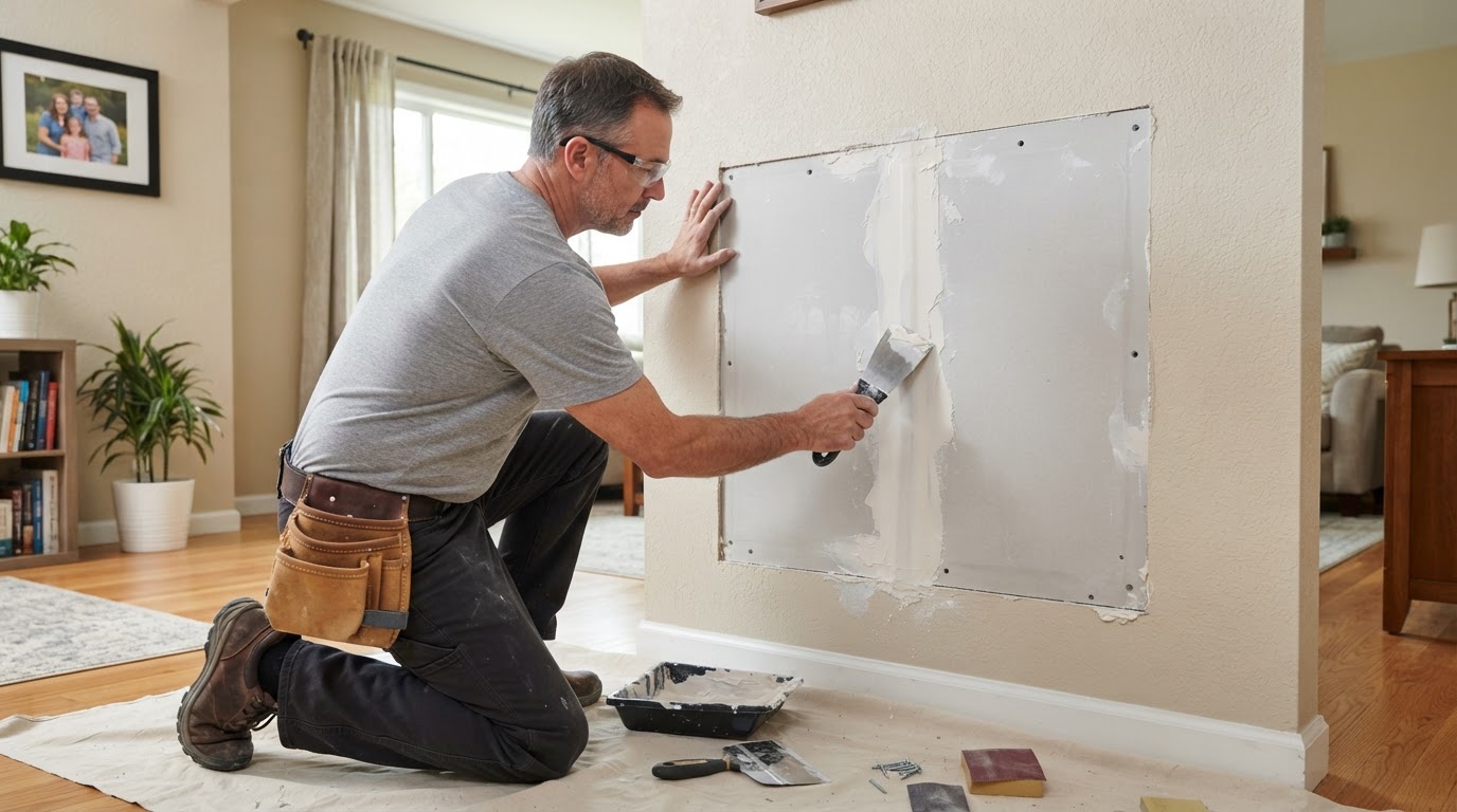 Drywall contractor repairing a hole in an interior wall in North Ridgeville Ohio