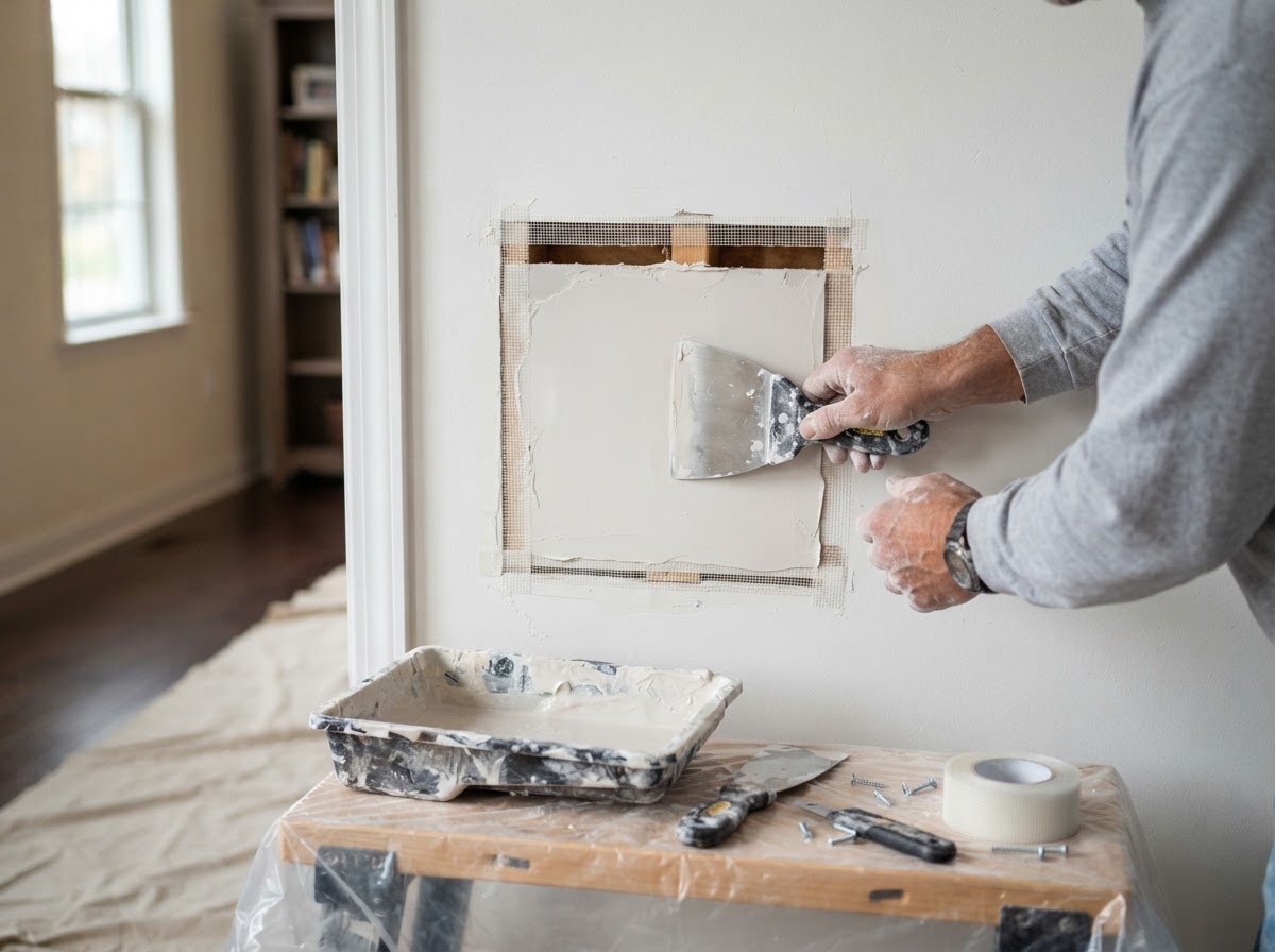 Drywall contractor finishing a fitted wall patch in North Ridgeville Ohio