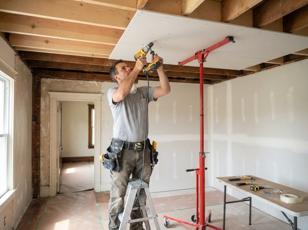 Drywall panel installation in a mixed-era Avon Lake Ohio interior remodel