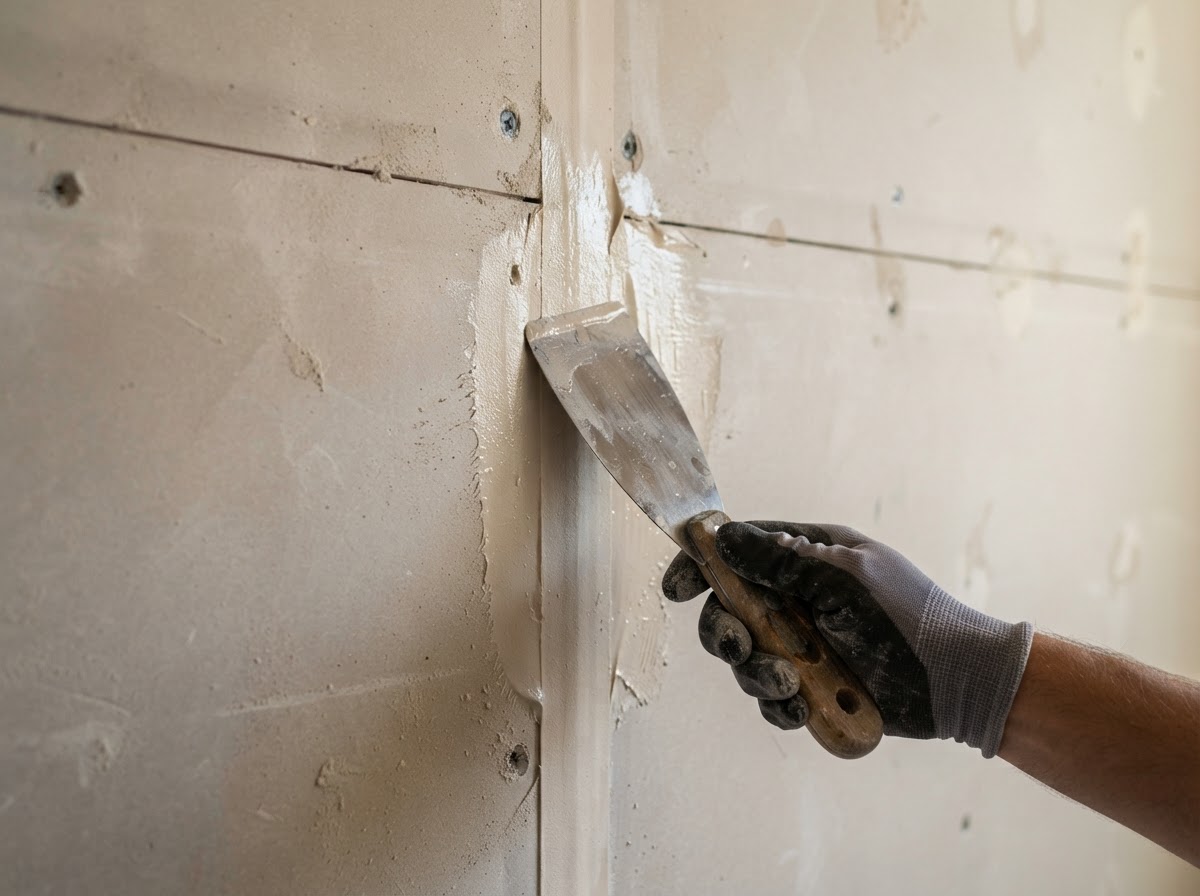 Fastened drywall panels on a wall before finishing in a remodel