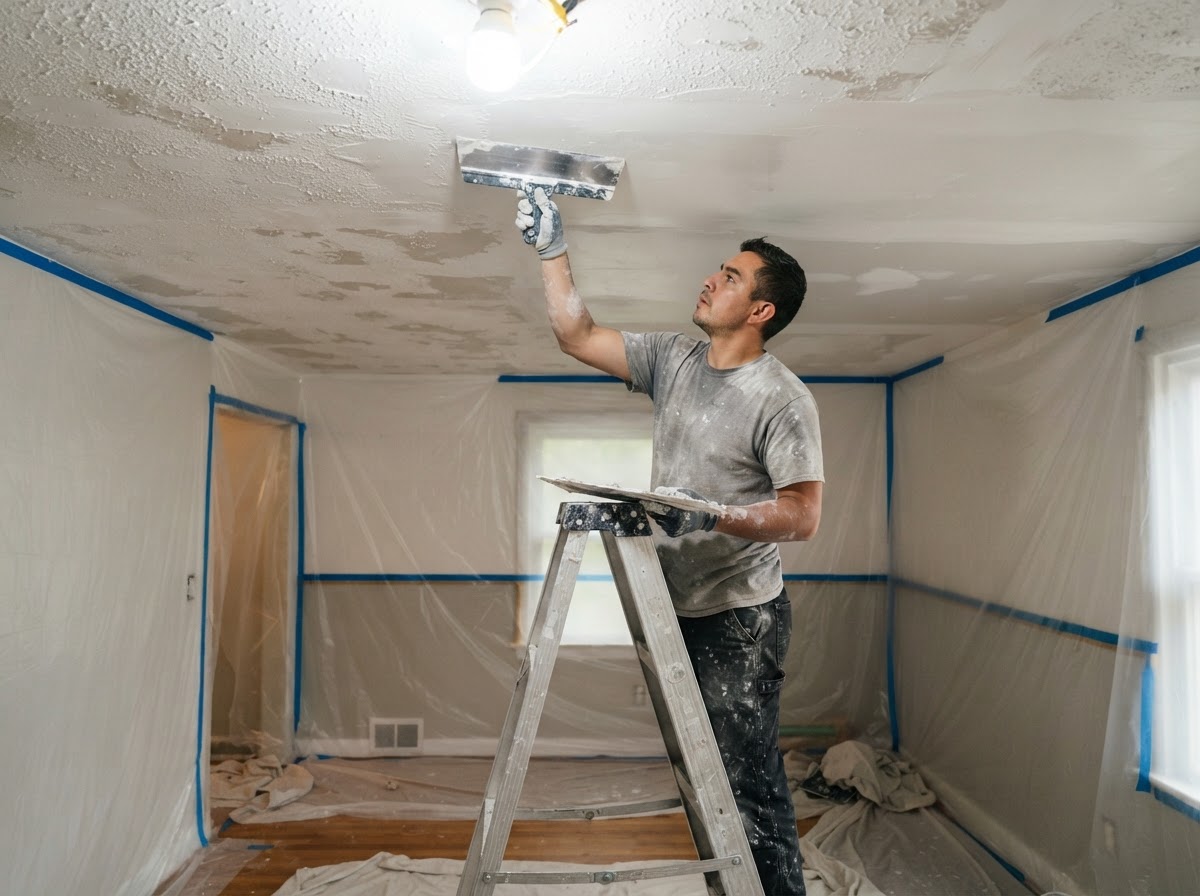 Drywall lift positioning a ceiling panel against overhead framing