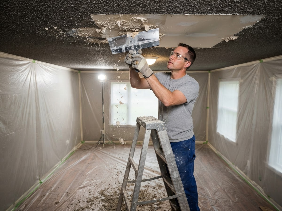 Interior ceiling prepared for popcorn texture removal in a protected Avon Lake Ohio room