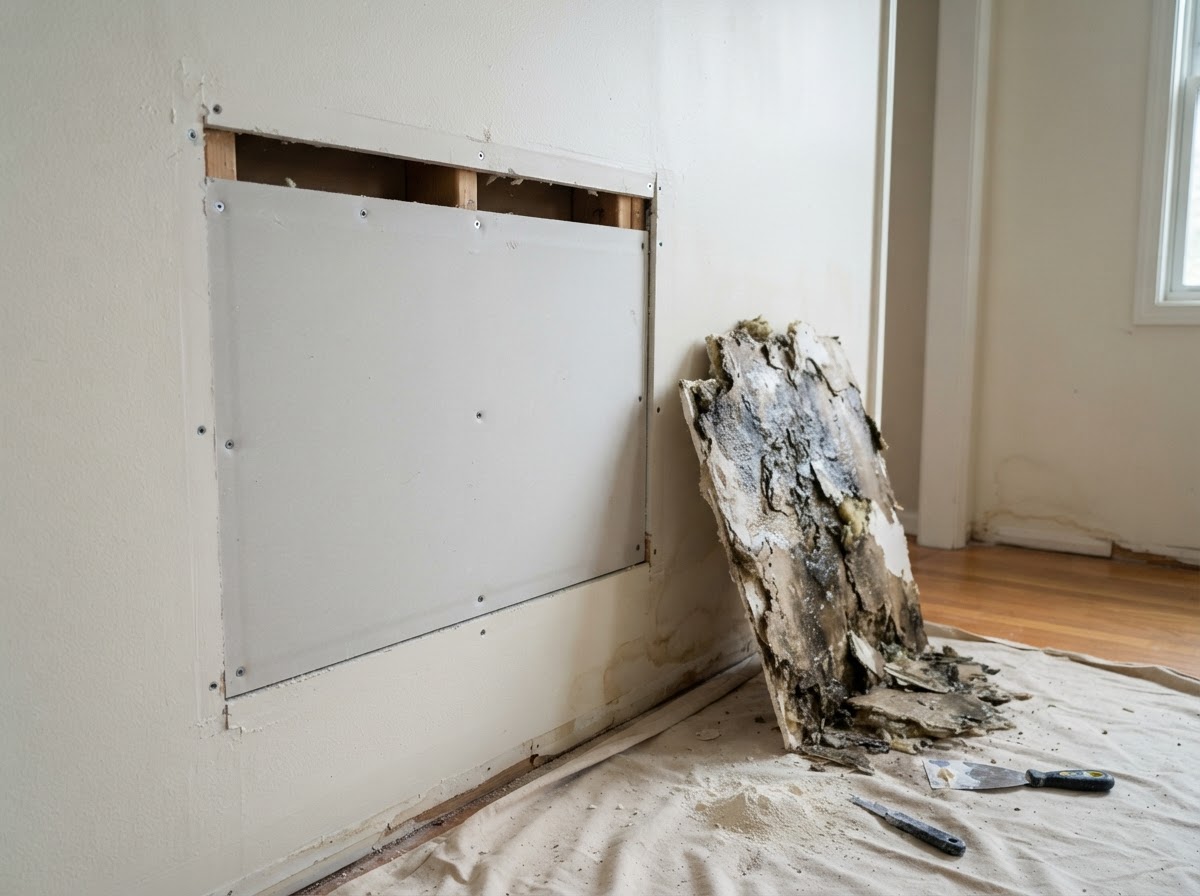Water-damaged wallboard removed and replacement panel fitted