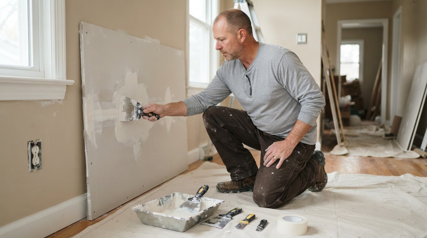 Drywall contractor repairing a hole in an interior wall in North Ridgeville Ohio
