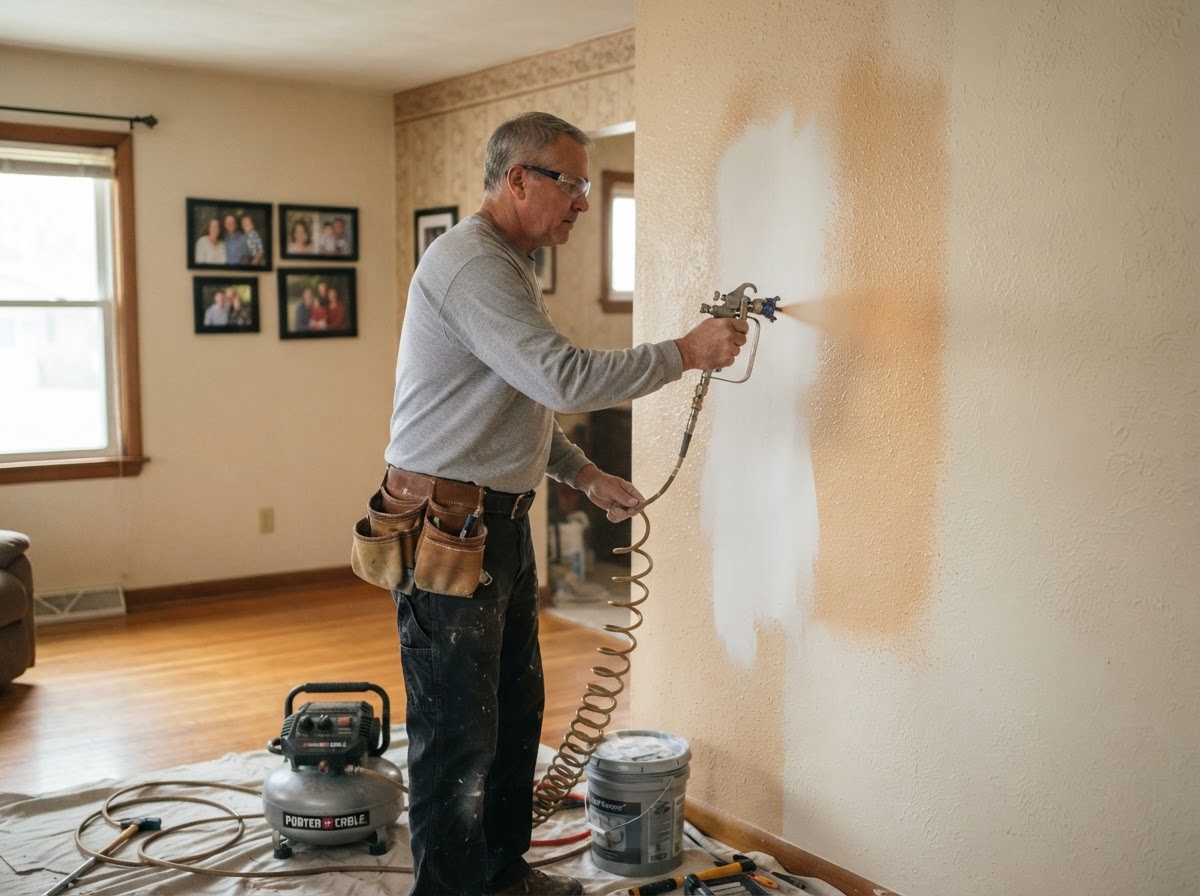 Drywall texture application and matching on a repaired Elyria Ohio interior wall