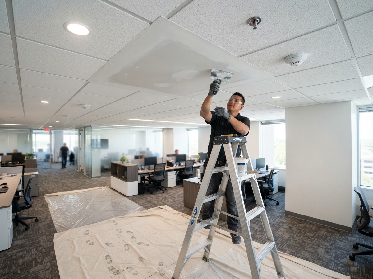 Commercial ceiling drywall repair in an office interior