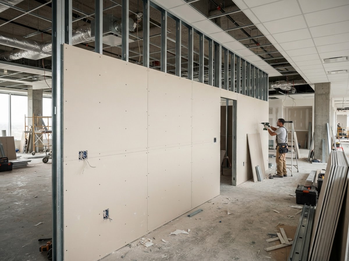 Tenant-improvement drywall panels installed on commercial framing