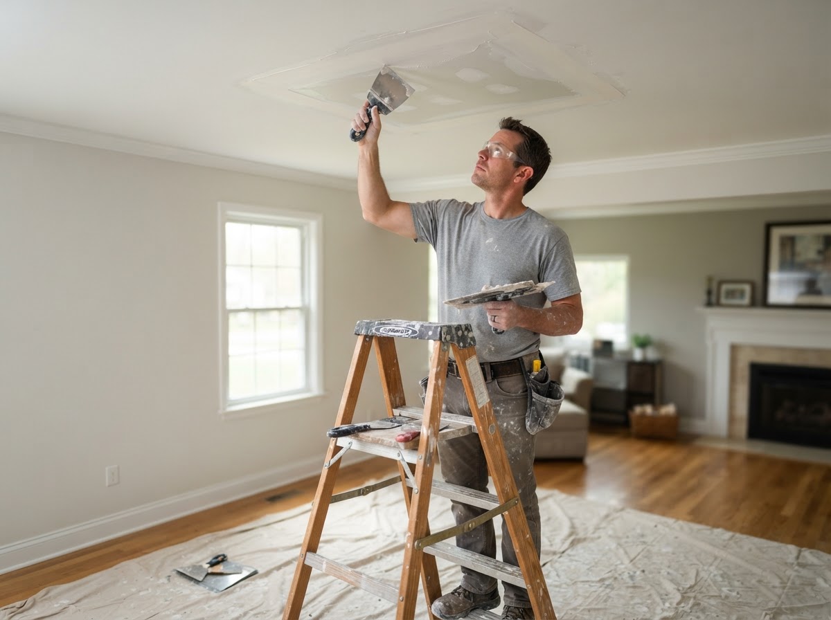Overhead ceiling drywall patch and finishing in an Avon Ohio interior