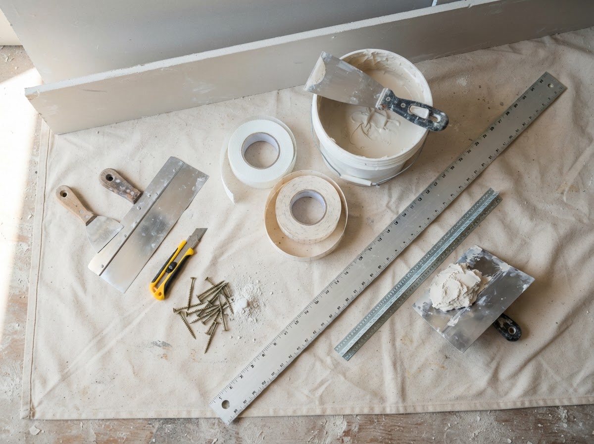 Drywall materials and tools including joint compound, tape, corner bead, and screws