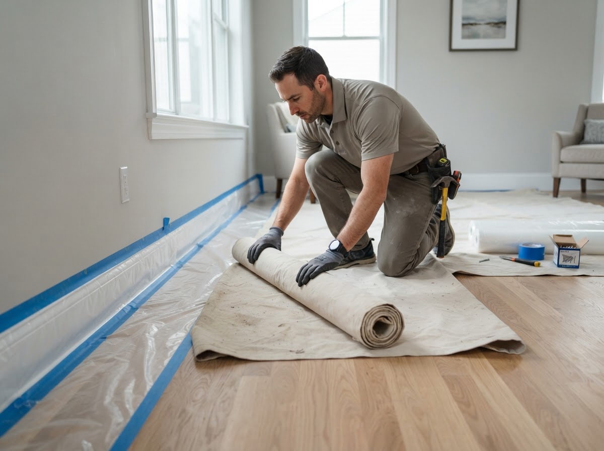 Drywall worker preparing and protecting an interior work area with drop cloths