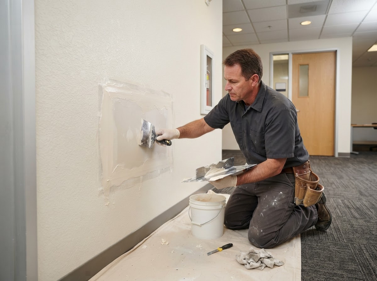 Office drywall repair and patch finishing in a commercial interior