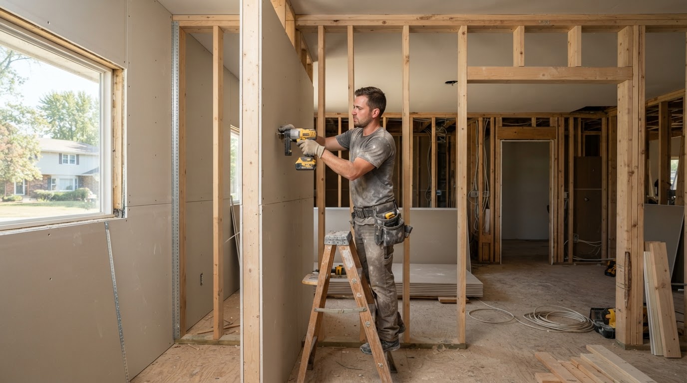 Drywall panels being hung on stud framing in a North Ridgeville remodel