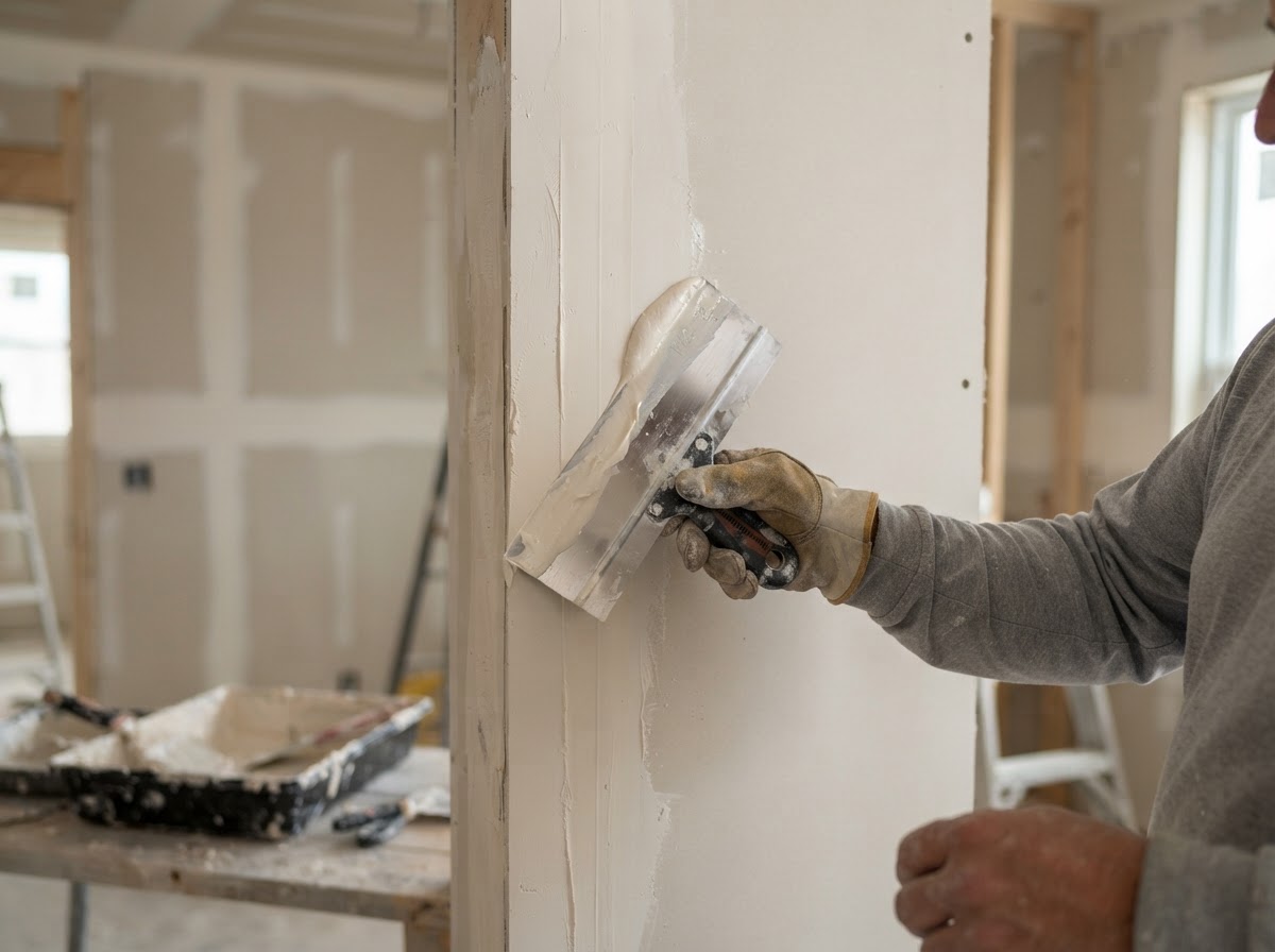 Paper joint tape being applied over a seam with joint compound