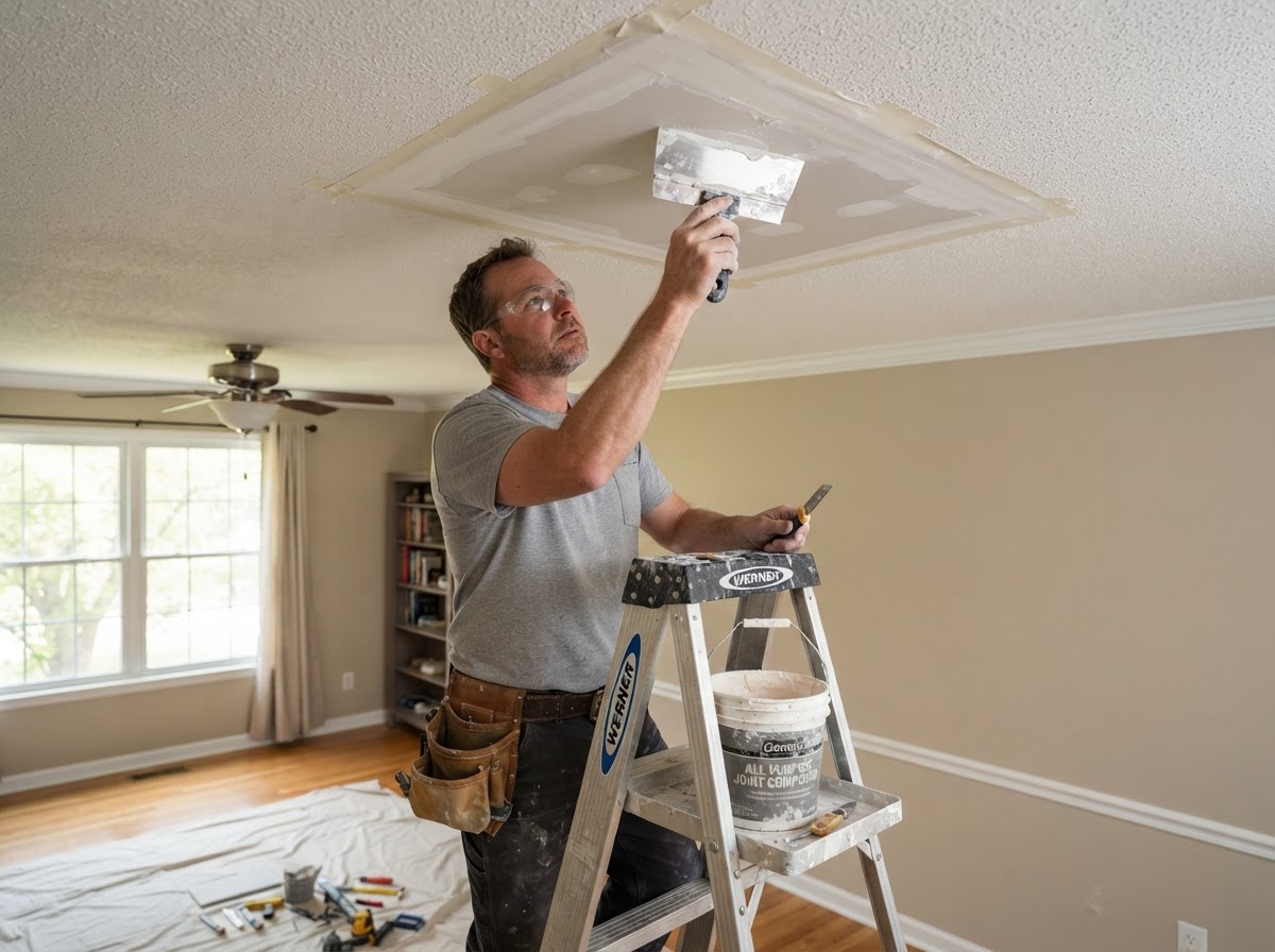 Overhead ceiling drywall repair with a fitted patch in a finished Westlake Ohio interior