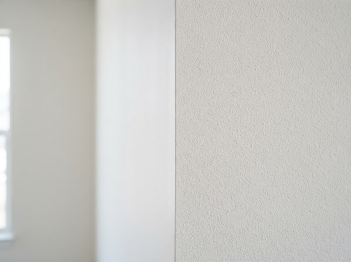 Texture and finish detail on a drywall wall showing smooth and orange peel surfaces