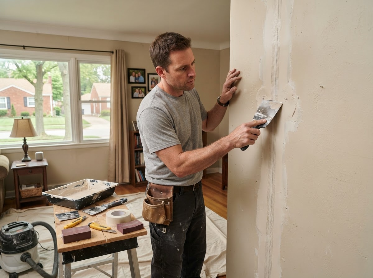Drywall wall repair and seam work in a post-war suburban North Olmsted Ohio interior