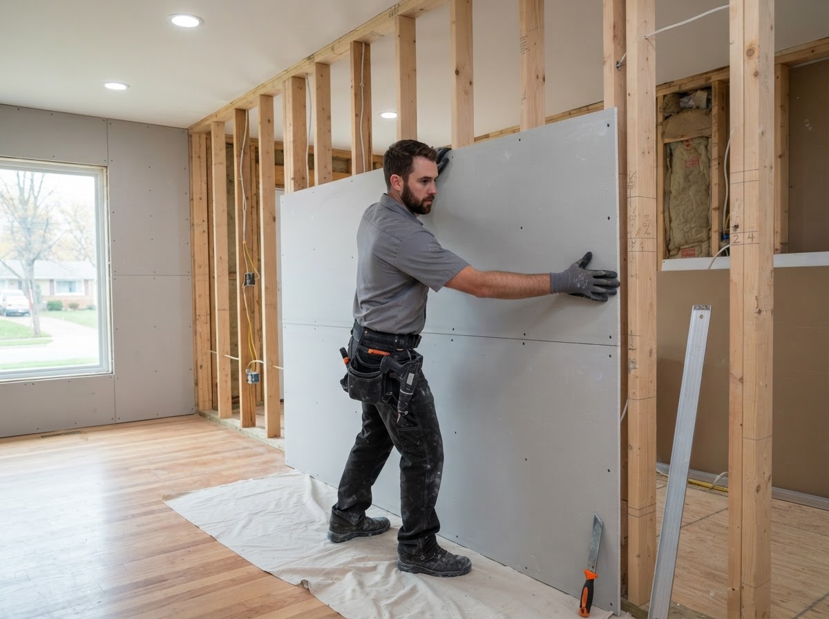 Drywall panel installation in a modern Avon Ohio interior remodel