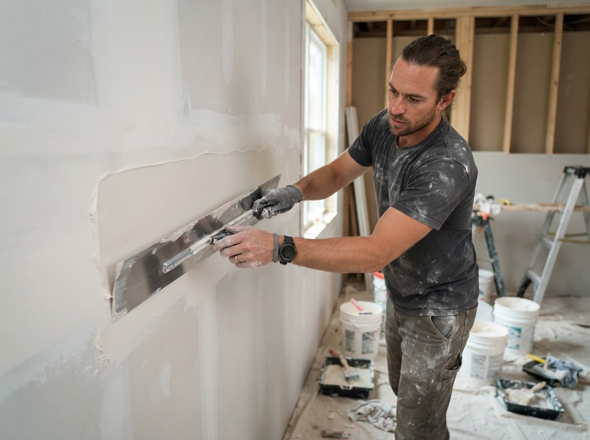 Skim coat being applied to a drywall wall with a wide trowel