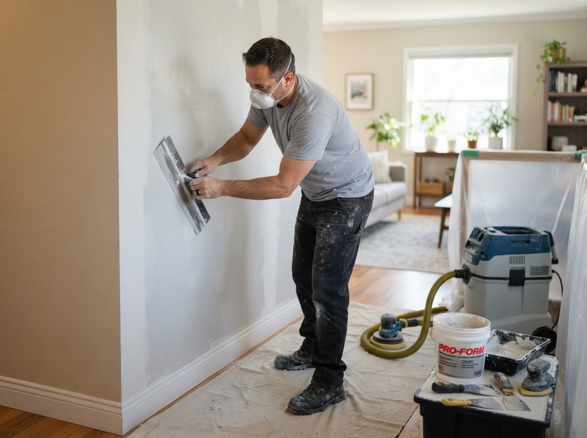Drywall worker applying a skim coat to a wall with a wide trowel
