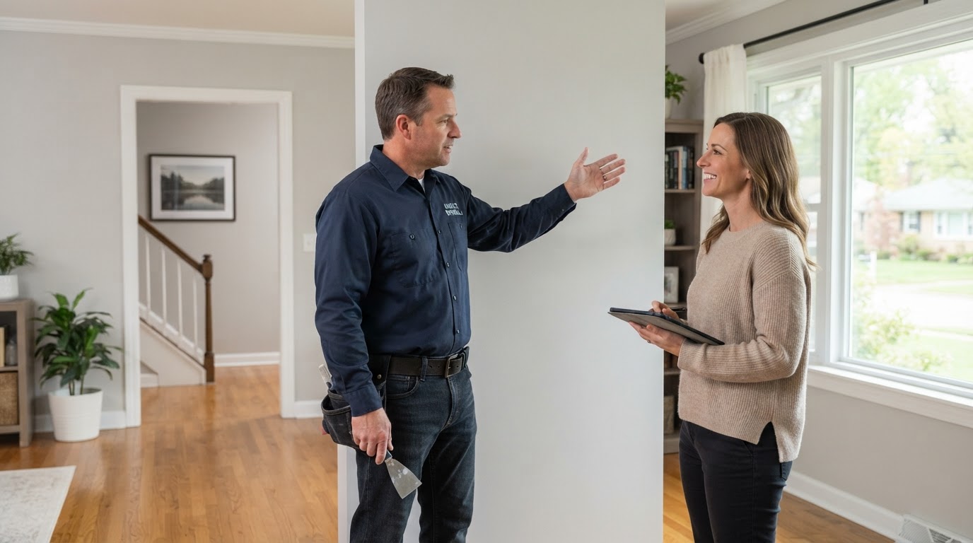 Drywall contractor reviewing a finished interior wall with a homeowner