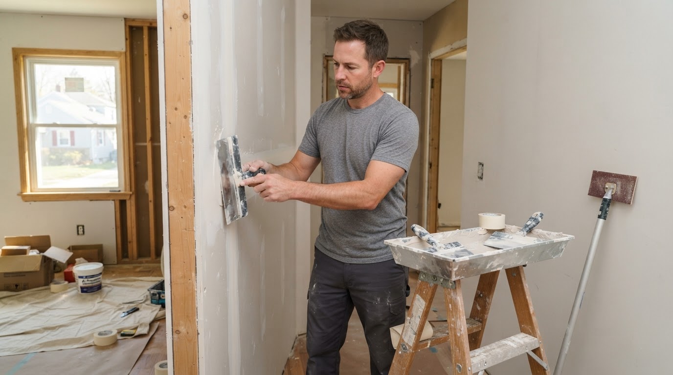 Drywall contractor working in a North Ridgeville area residential interior