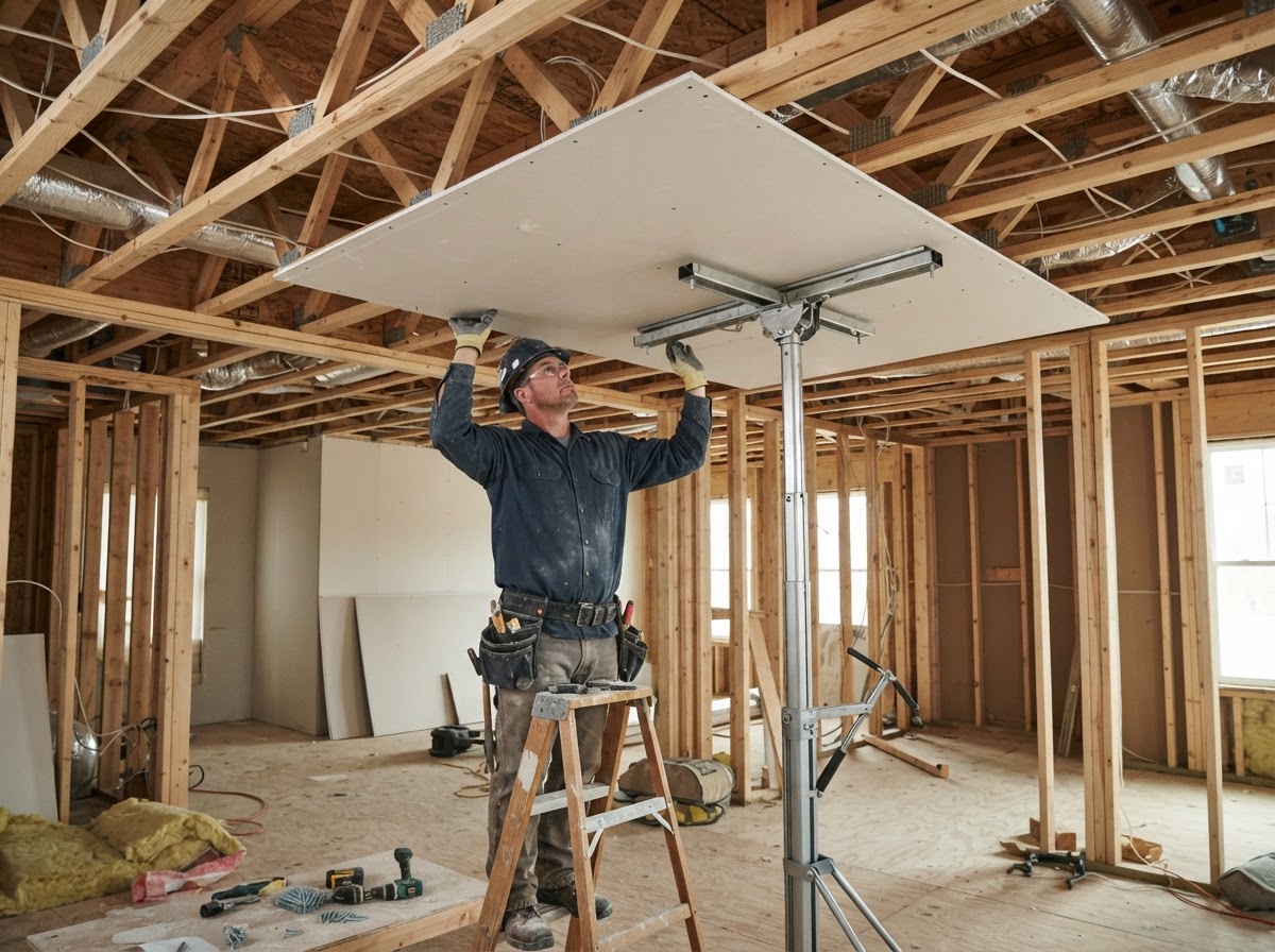Drywall lift positioning a gypsum panel against ceiling framing