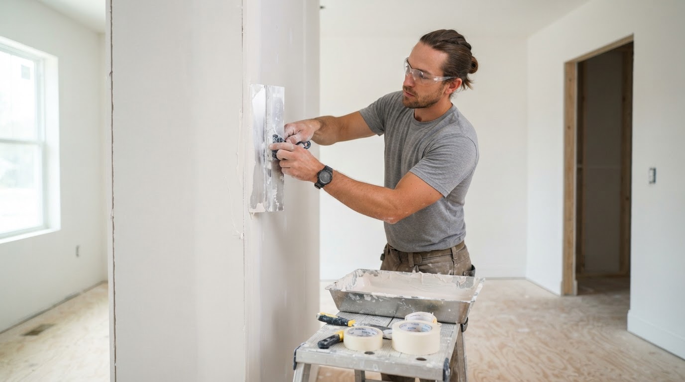 Drywall taping and joint finishing work with a taping knife