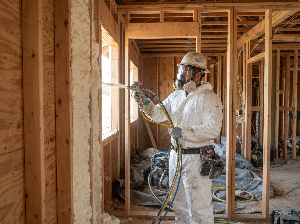 Residential spray foam insulation installation in open framing in Watsonville