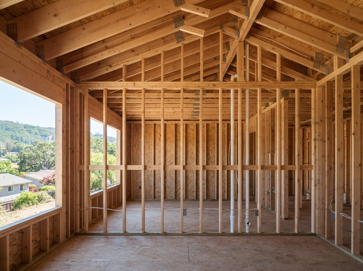 Open framing prepared for spray foam insulation in Scotts Valley