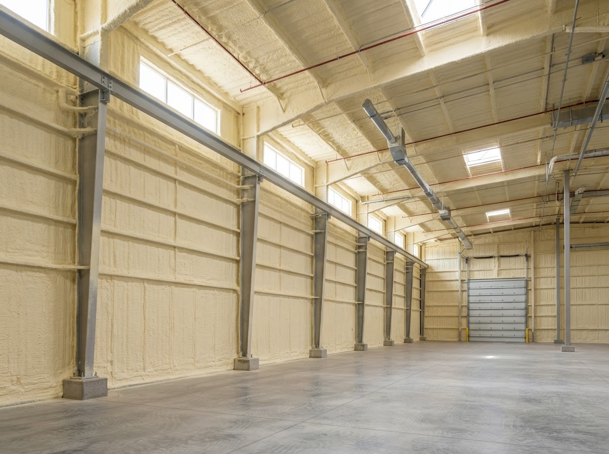 Spray foam insulation inside a metal commercial building