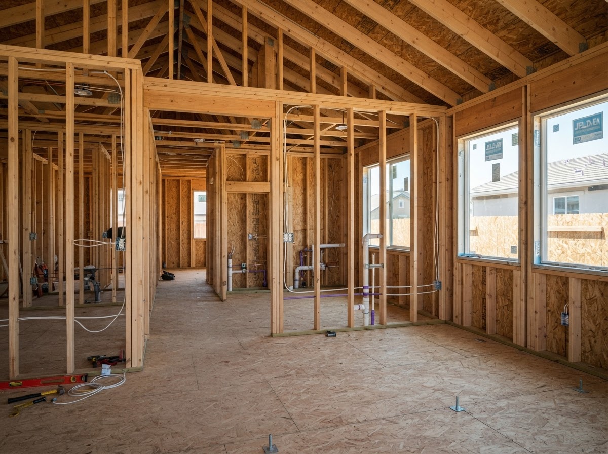 New construction framing and utilities prepared for insulation