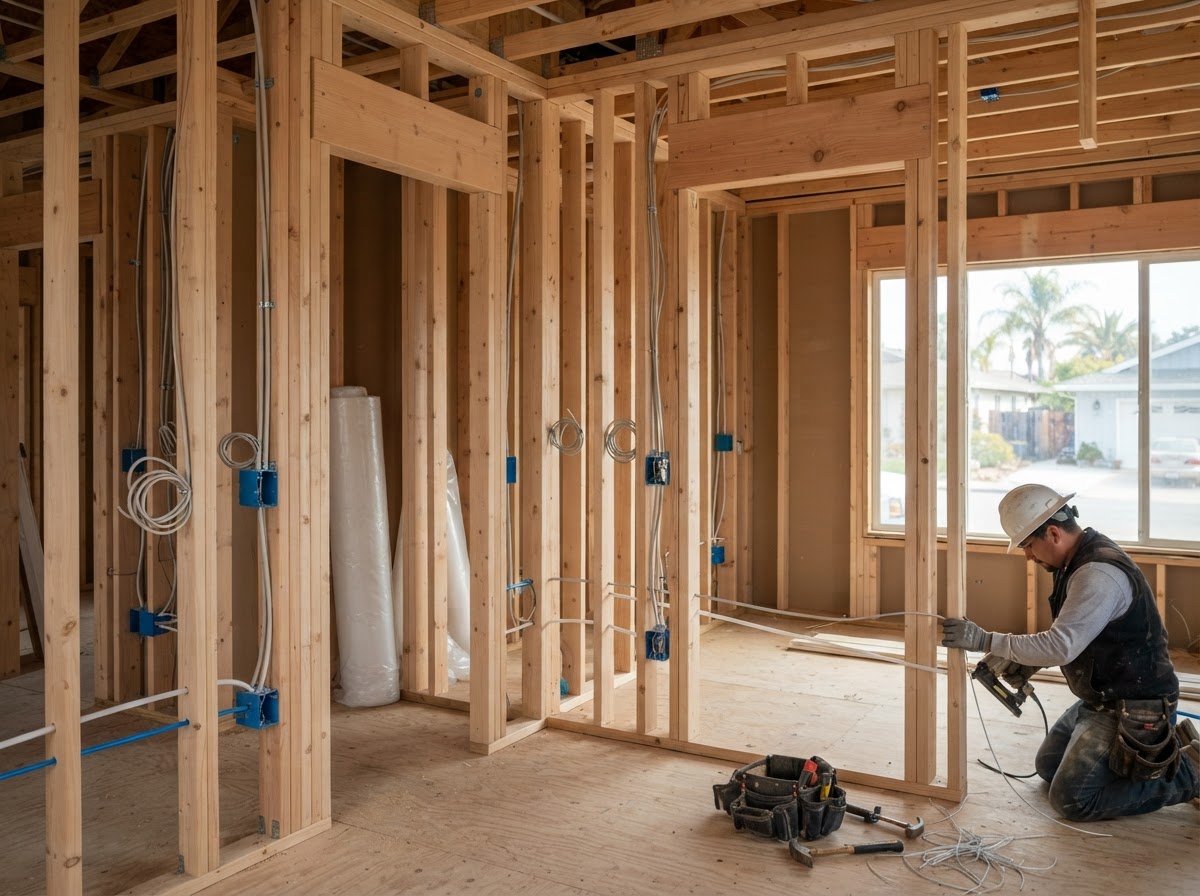 Open residential framing prepared for spray foam insulation in Salinas