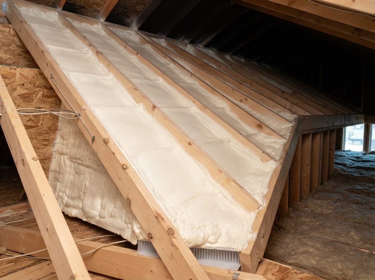 Spray foam insulation installed along a roof deck assembly