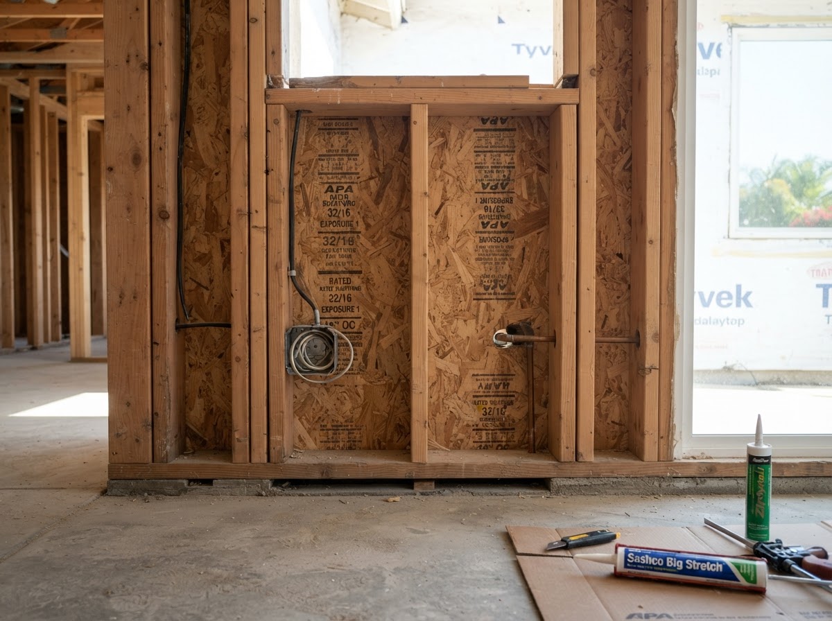 Open wall framing prepared for professional air sealing