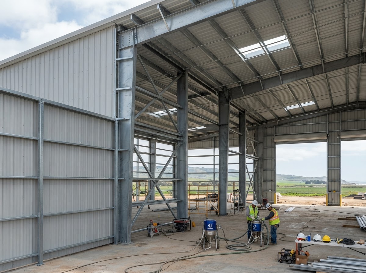 Commercial metal building assembly prepared for spray foam in Salinas