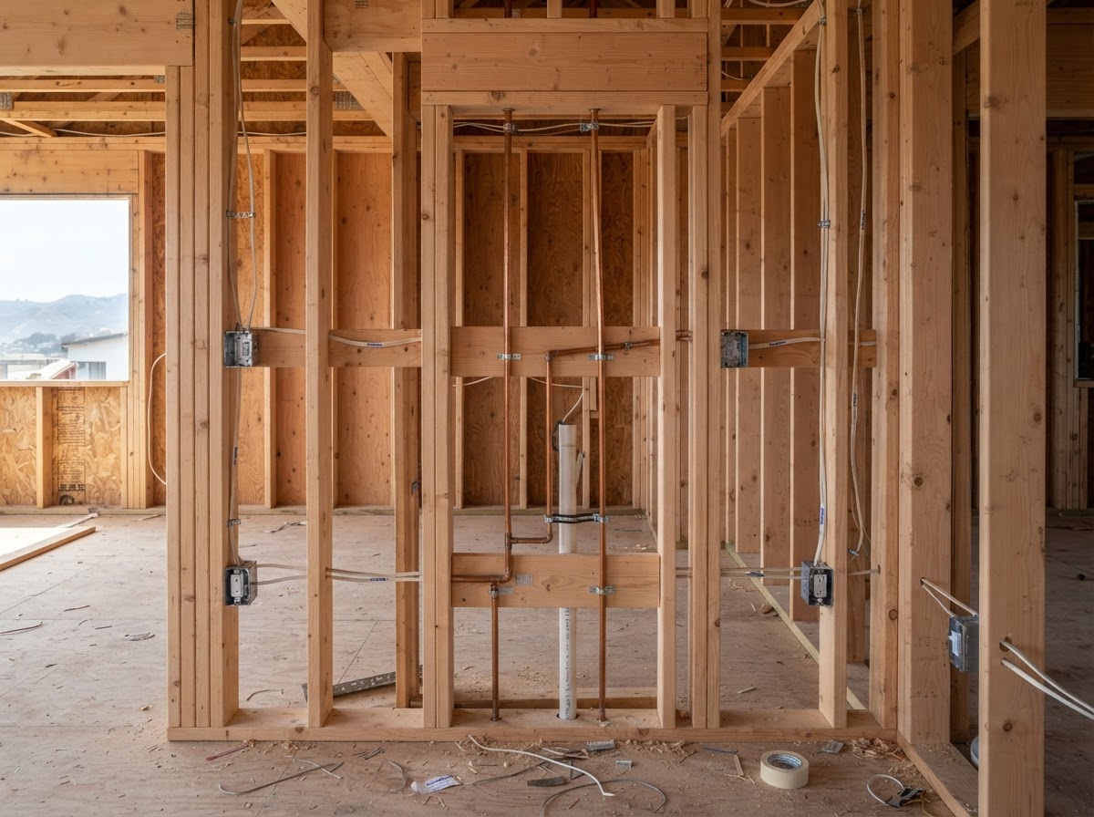 Open wall framing prepared for spray foam insulation