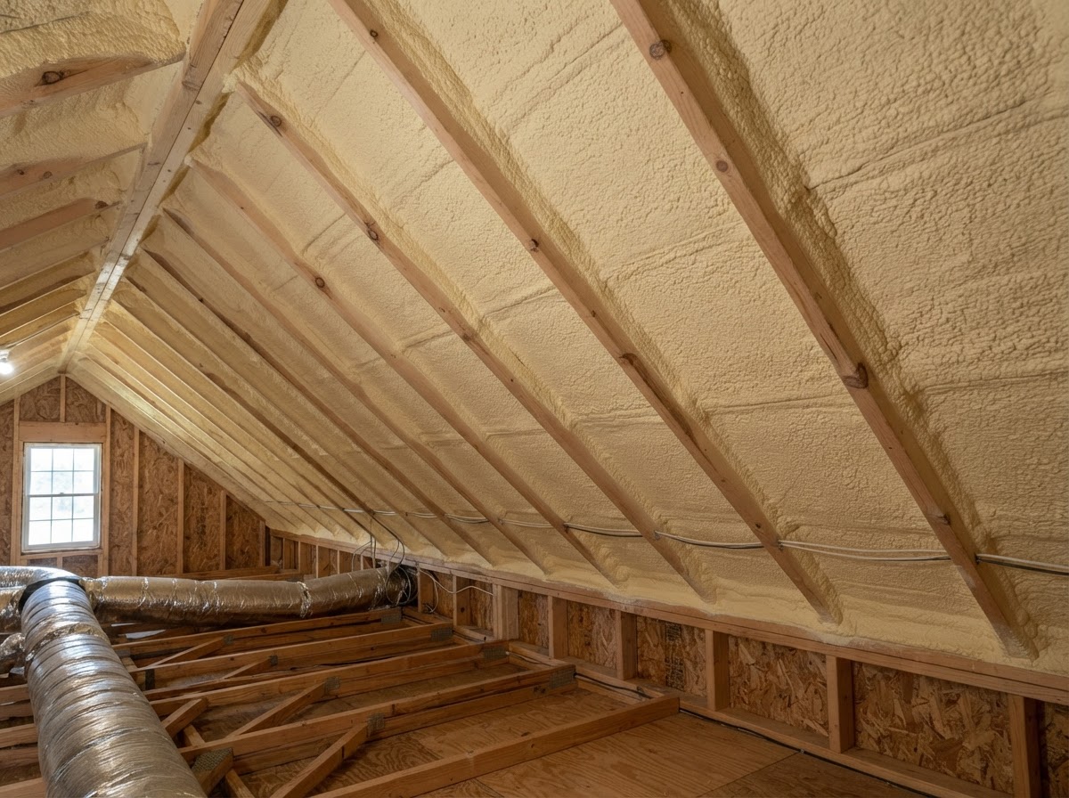 Spray foam insulation installed beneath a residential roof deck