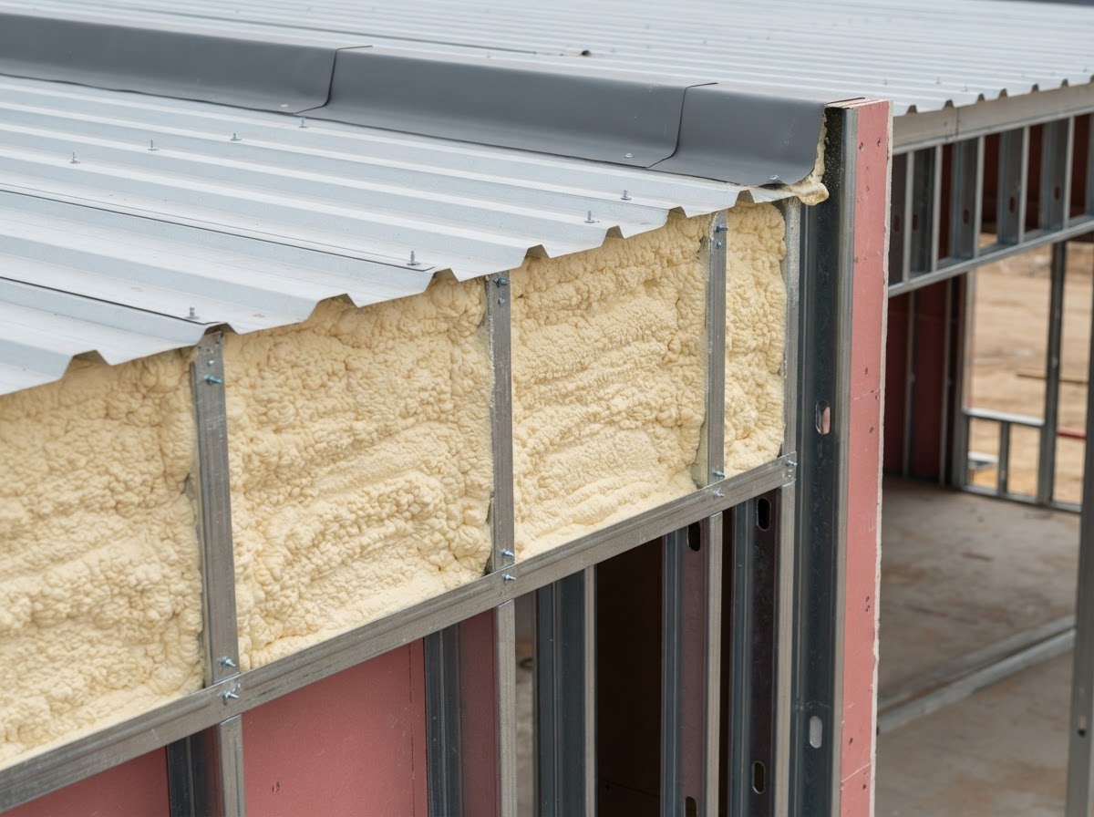 Commercial spray foam insulation along a roof and wall assembly