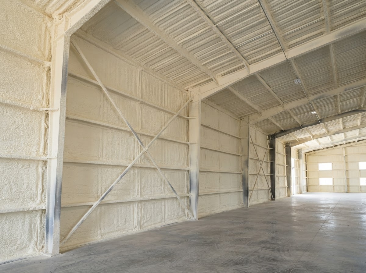 Spray foam insulation installed inside a Hollister metal building